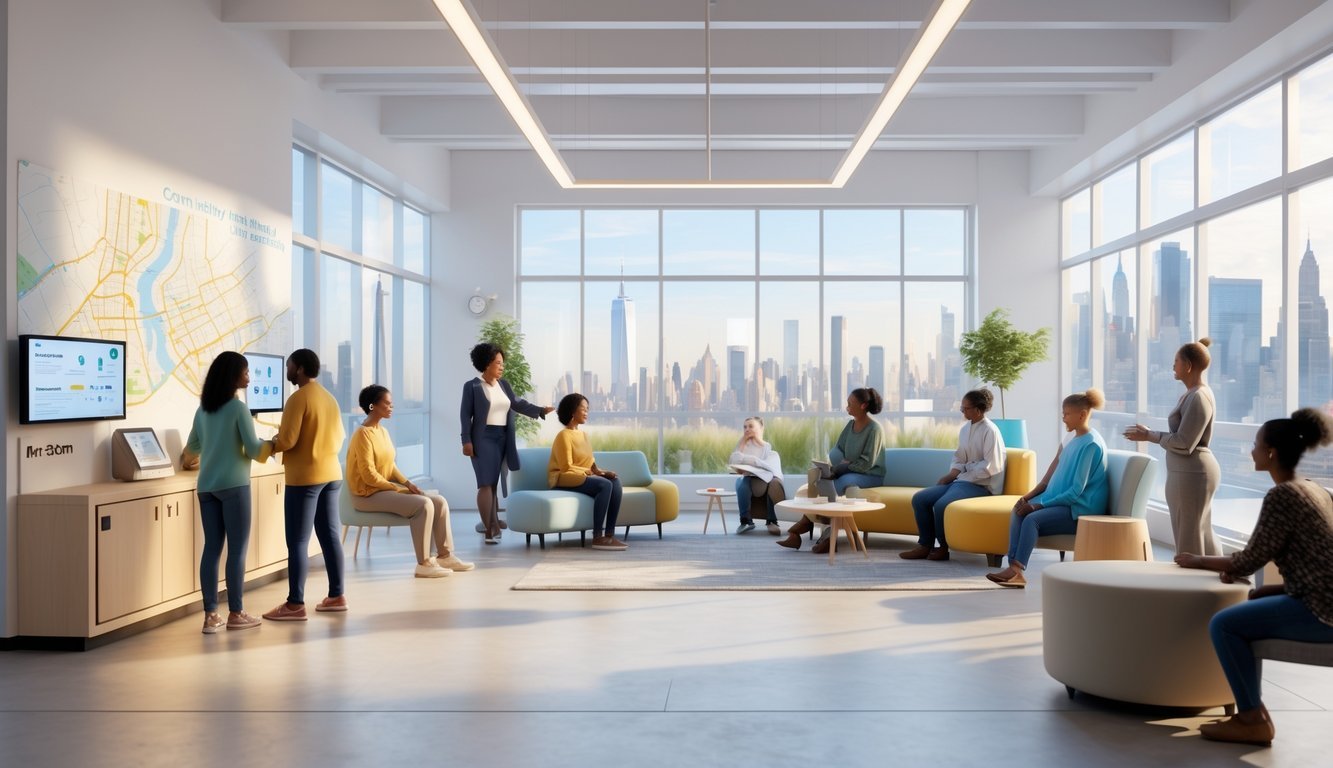A bright community mental health center with people talking and staff helping visitors, with a view of the New York City skyline through large windows.