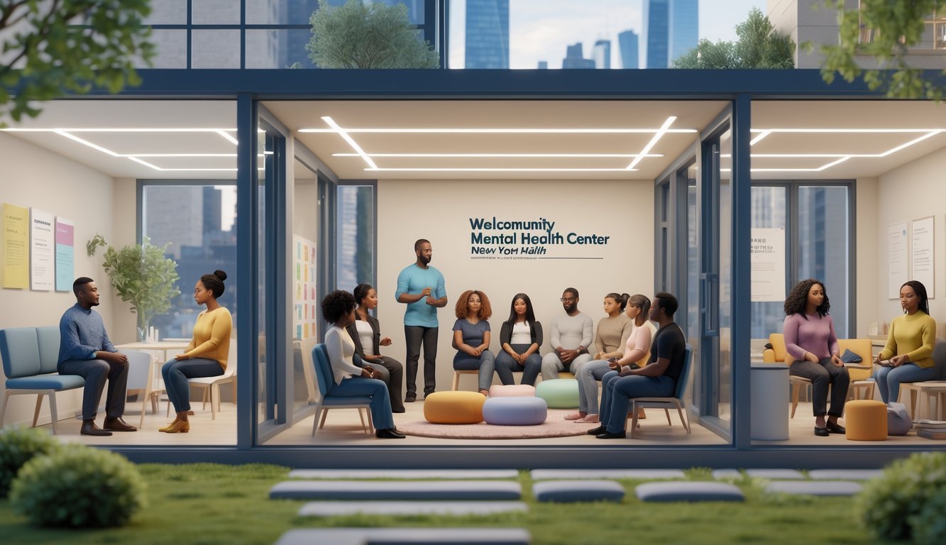 A community mental health center in New York with people receiving counseling, group therapy, meditation, and accessing resources in a welcoming outdoor and indoor setting.
