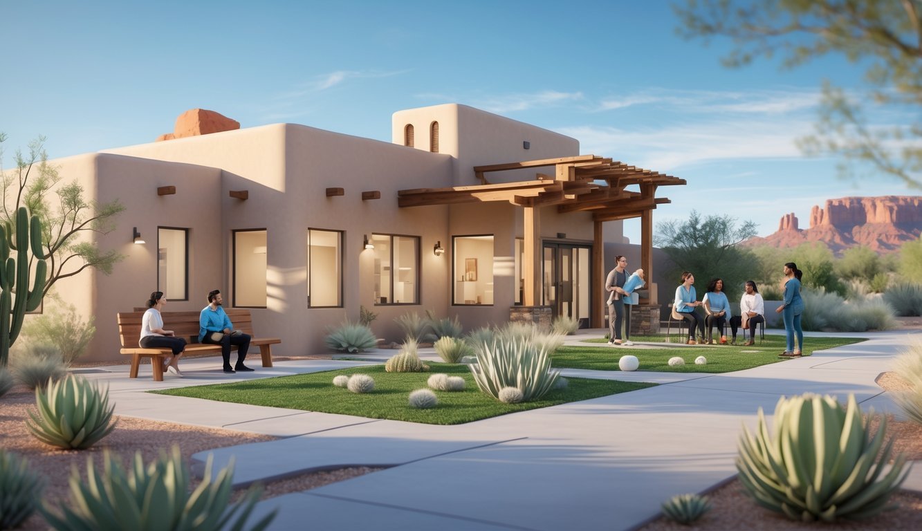A community mental health center in New Mexico with people receiving support outdoors near desert plants and red rock formations.