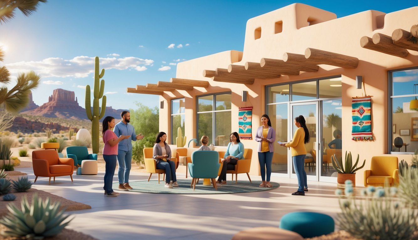 A welcoming mental health center in New Mexico with people receiving support inside a bright building overlooking a desert landscape.
