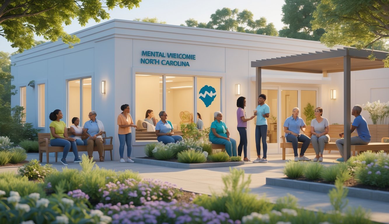 Outdoor scene of a mental health clinic in North Carolina with diverse people talking and meditating in a garden surrounded by trees and plants.