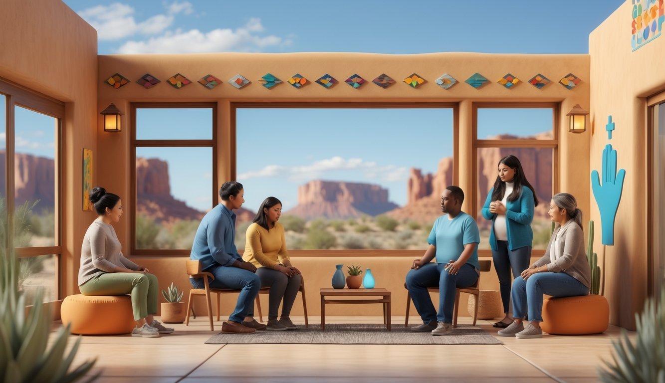 A welcoming community center with people receiving mental health support, including a counselor listening and others offering comfort, set against a desert landscape with red rocks visible through windows.