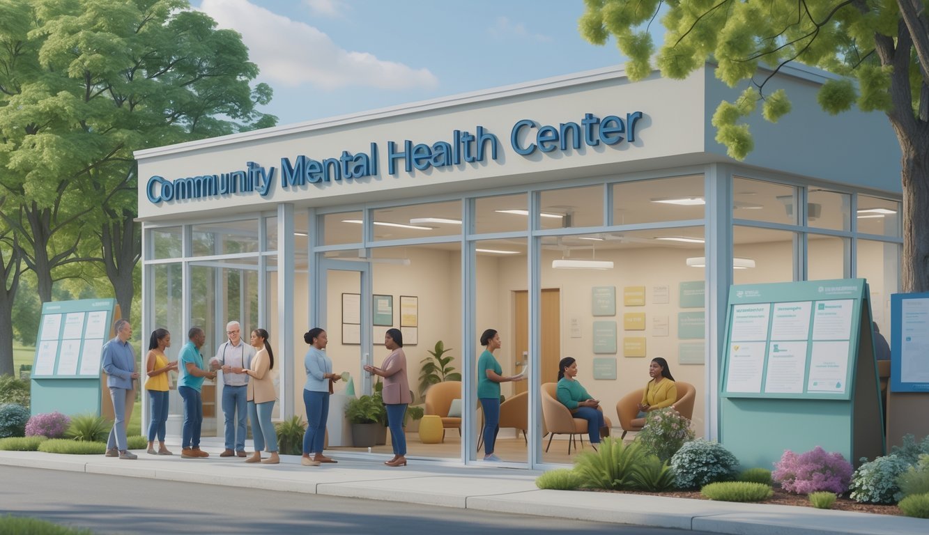 A community mental health center with people engaging in supportive activities inside and outside the building.