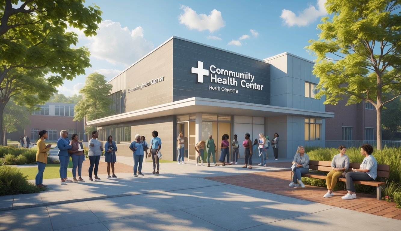 A community health center with diverse people talking and relaxing outside, showing a supportive and welcoming environment for mental health services.