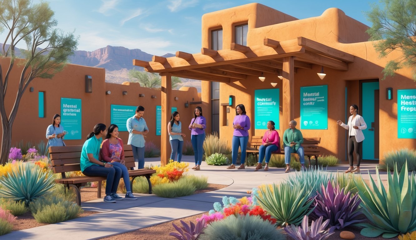 A community center in New Mexico where diverse people participate in supportive mental health activities outdoors amid Southwestern-style buildings and desert scenery.