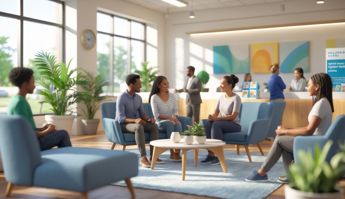 A bright and welcoming mental health support center with people talking to counselors and staff in a comfortable, calm setting.