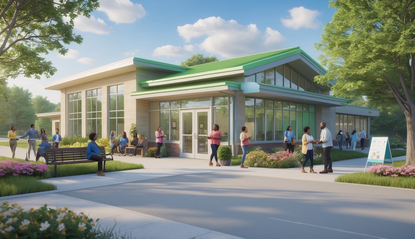A community center in North Carolina with diverse people interacting outdoors in a peaceful, green setting, symbolizing free mental health support.