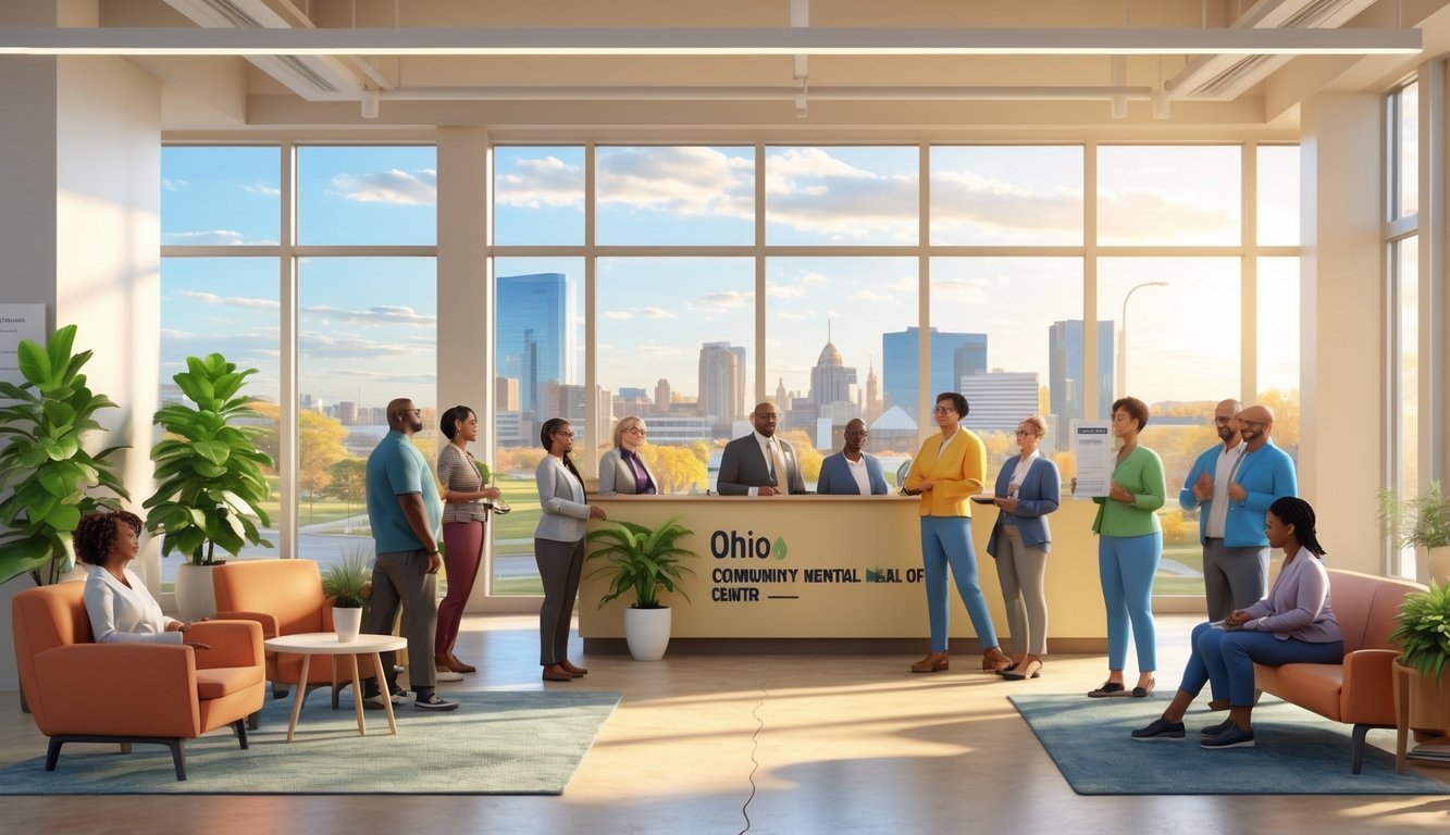 A bright community mental health center lobby with people receiving support and staff assisting them, set against an Ohio cityscape background.