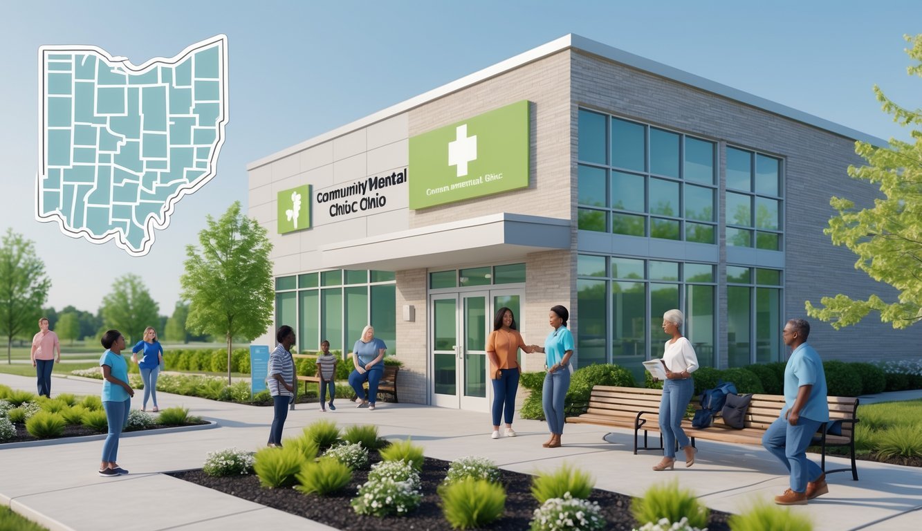 A community mental health clinic in Ohio with diverse people interacting outside and greenery surrounding the building.