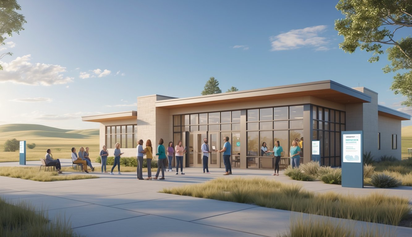 A community mental health center surrounded by North Dakota landscape with people engaging in supportive activities outdoors.