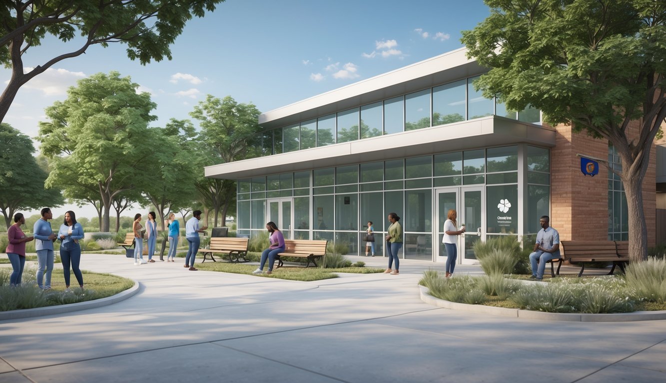 A community center in Oklahoma with people of diverse backgrounds interacting outdoors in a calm and supportive environment surrounded by trees and clear sky.