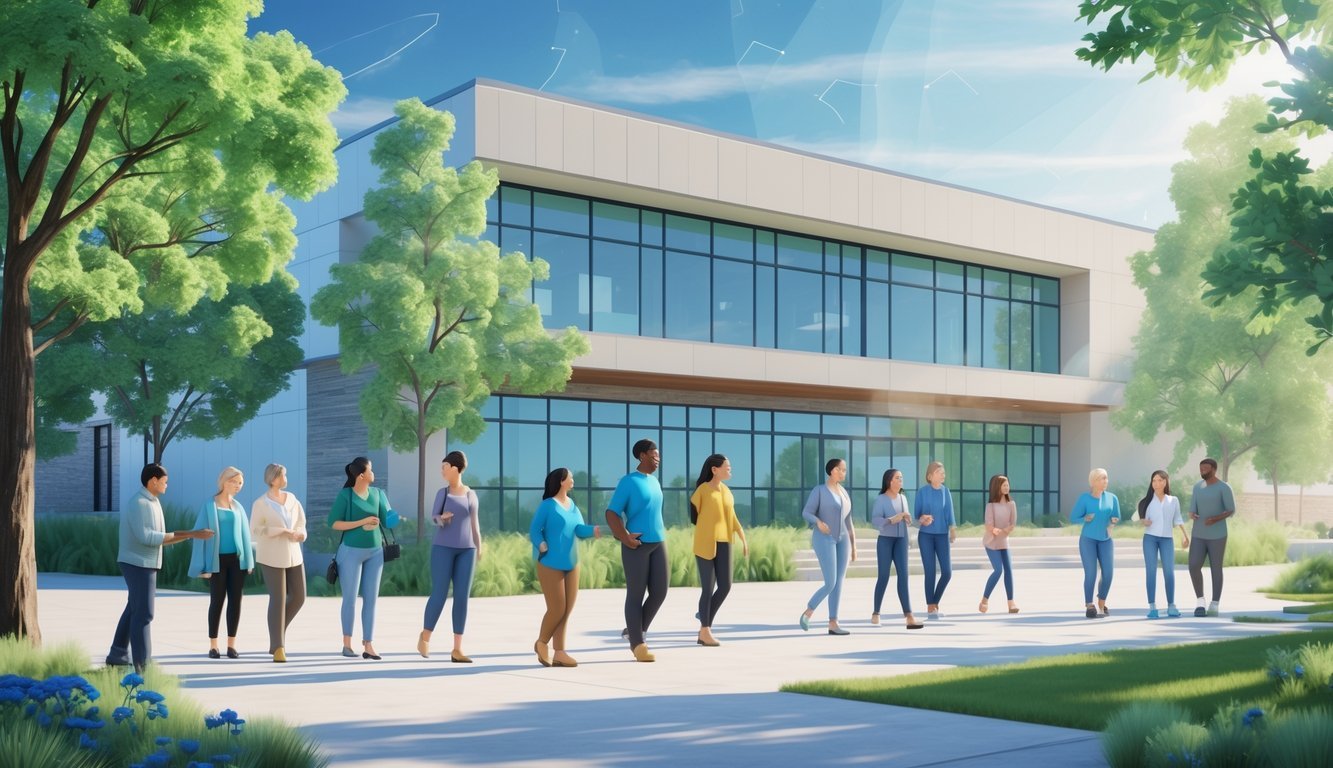 A modern mental health care center surrounded by trees with diverse people engaging in supportive activities outside.
