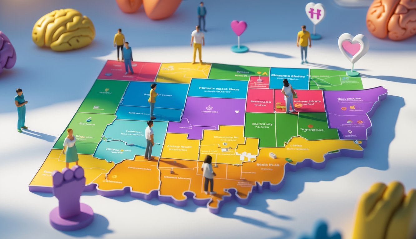 3D rendered map of Oklahoma showing regions with icons and figures representing free mental health support services.