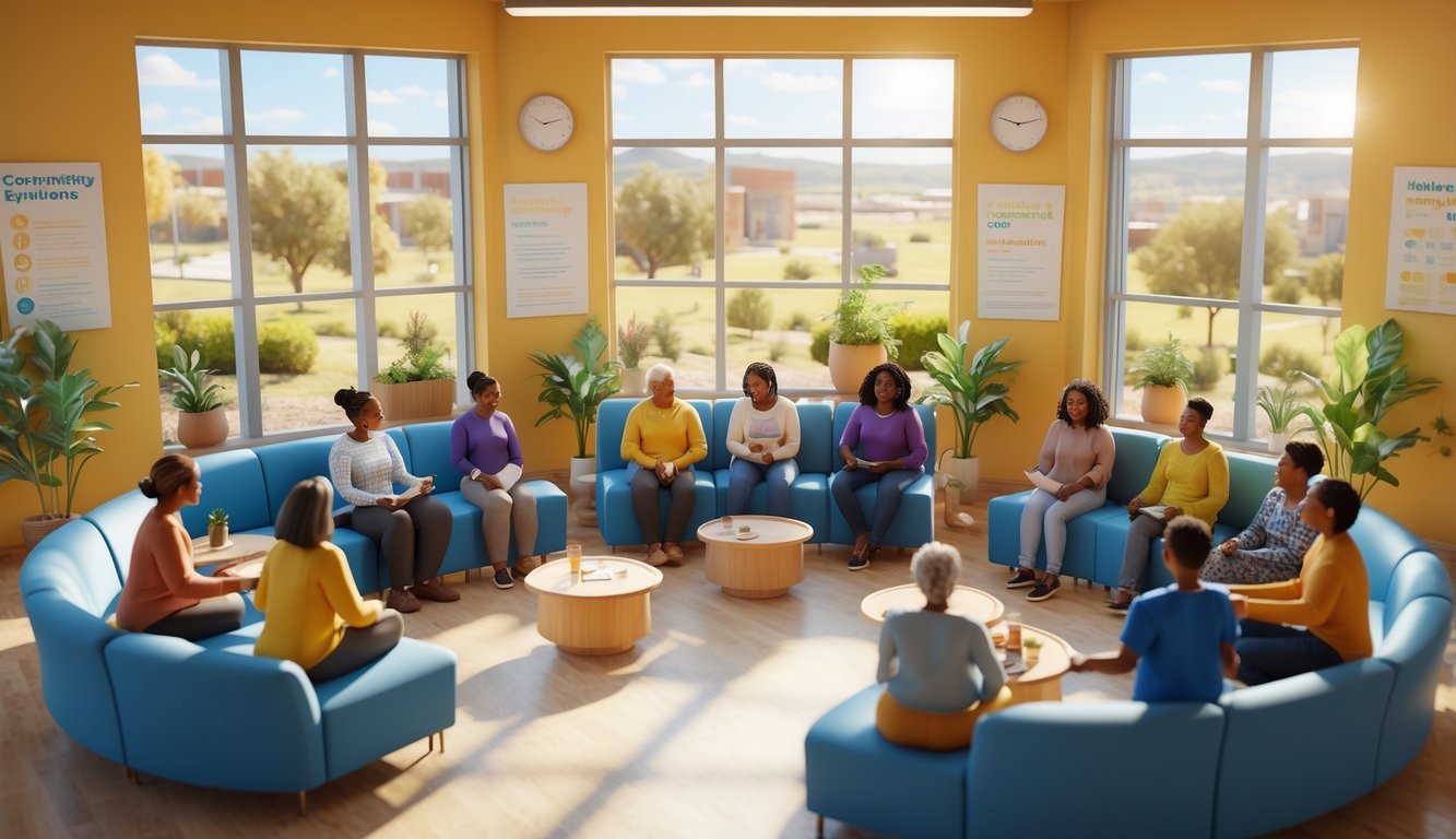 A community center with diverse people sitting in groups, talking and supporting each other in a bright, welcoming space.