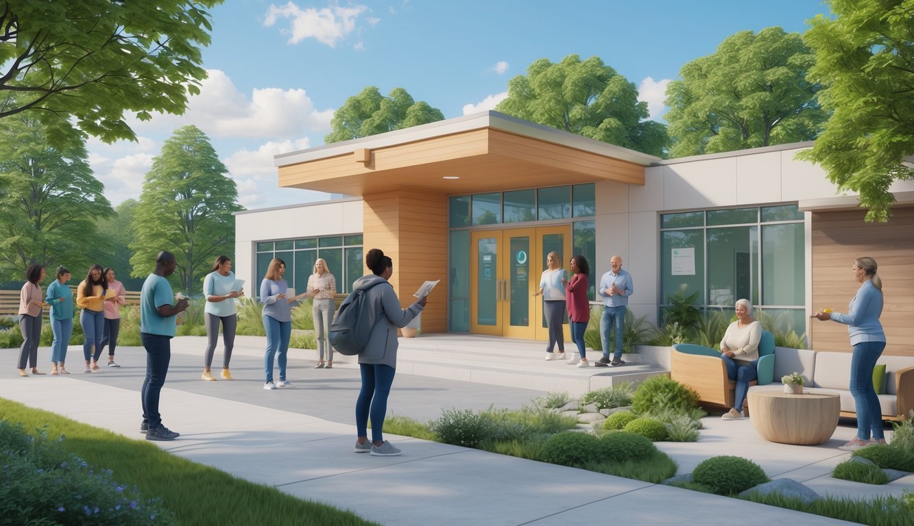 A community mental health center with people receiving support and counseling outdoors in a peaceful, green setting.
