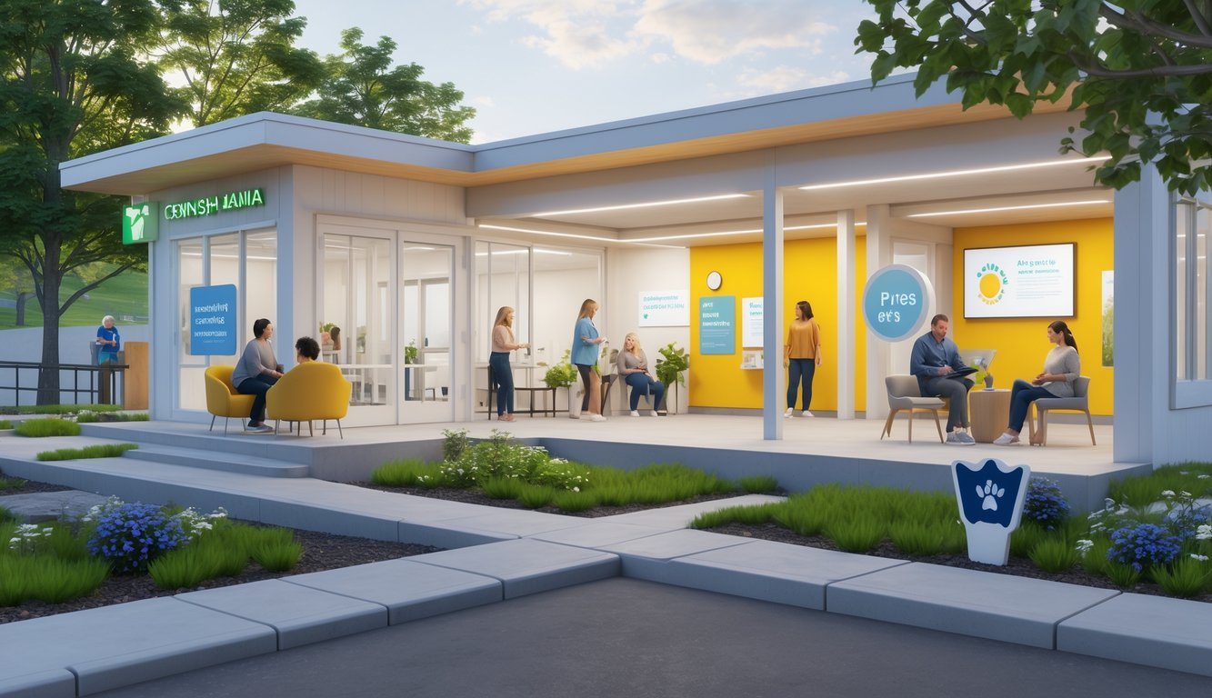 A community mental health support center with people talking and participating in therapy sessions in a bright, welcoming building surrounded by greenery and Pennsylvania state symbols.