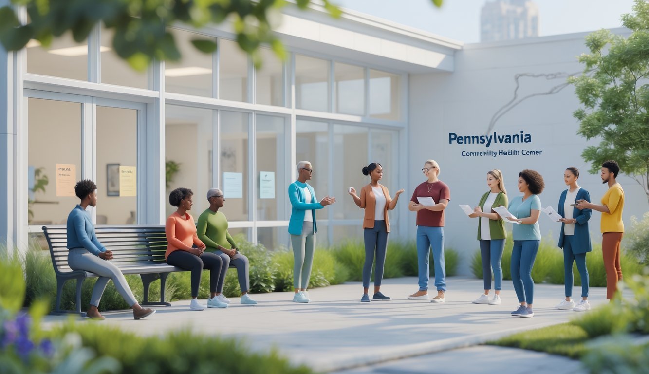 A community mental health center with diverse people receiving support and engaging in calming activities outdoors in a peaceful environment.