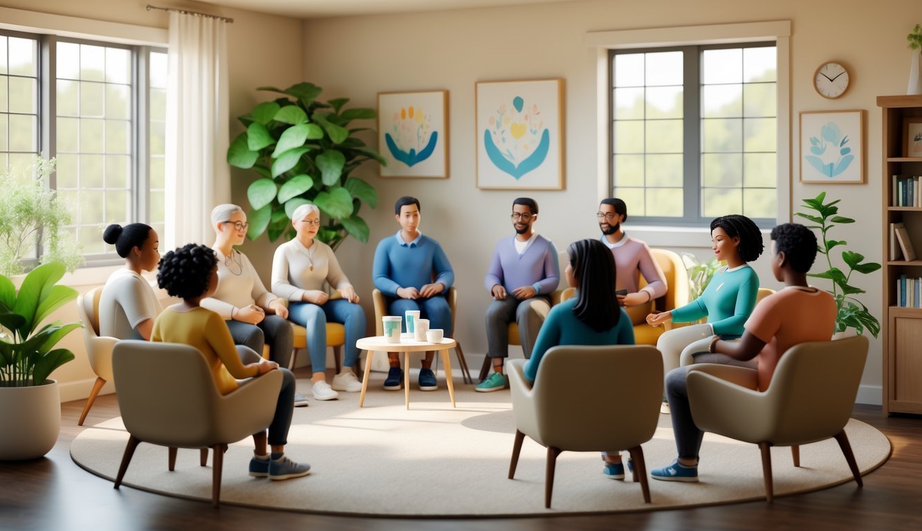 A group of diverse people sitting in a circle in a cozy room, engaged in a supportive conversation with plants and soft natural light around them.