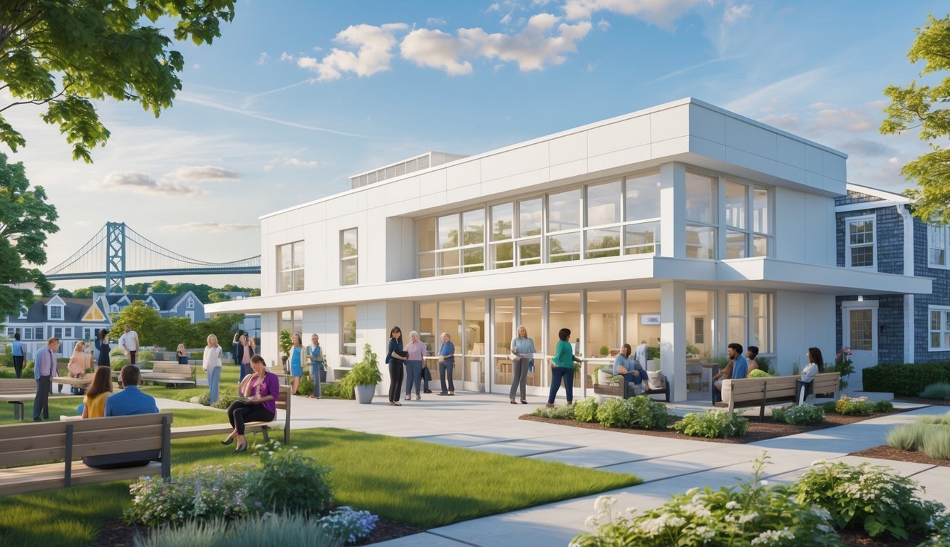 A community mental health center with people engaging in supportive activities outside, set against a Rhode Island cityscape with landmarks.