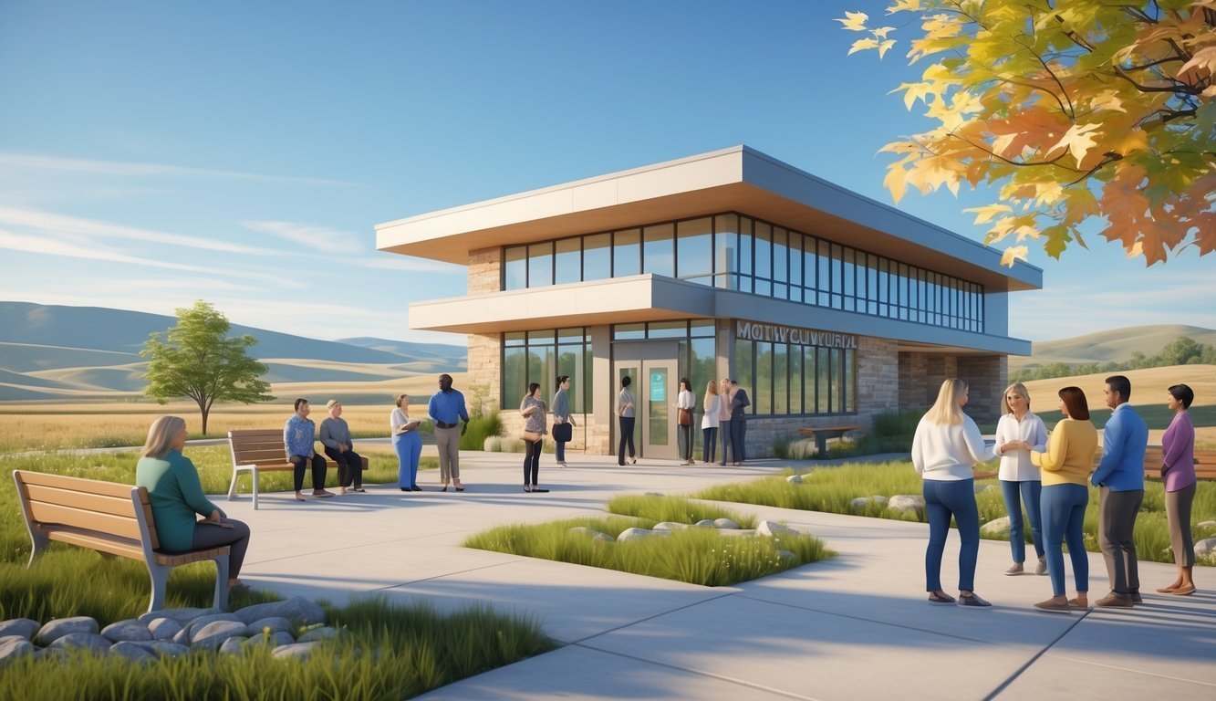 A peaceful outdoor scene with a modern mental health clinic surrounded by nature and diverse people engaging in supportive conversations and activities.