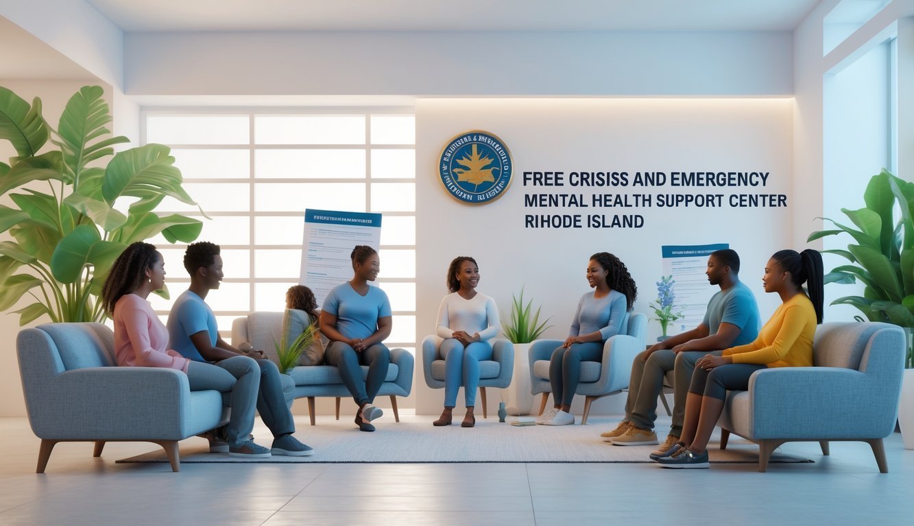 A welcoming mental health support center with diverse people talking to counselors in a bright, calm space.