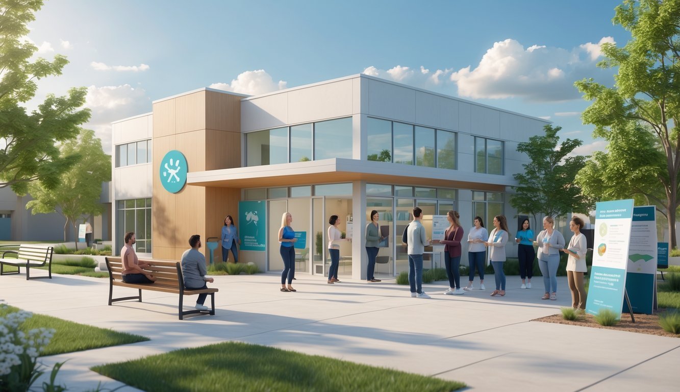 A community mental health center with people receiving support and counseling outdoors and indoors in a peaceful, welcoming setting.