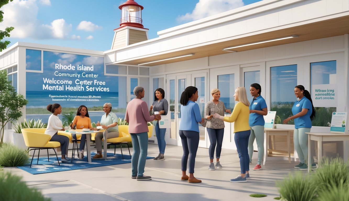 A community center with diverse people engaging in supportive conversations and activities in a bright, welcoming space with natural light and greenery.