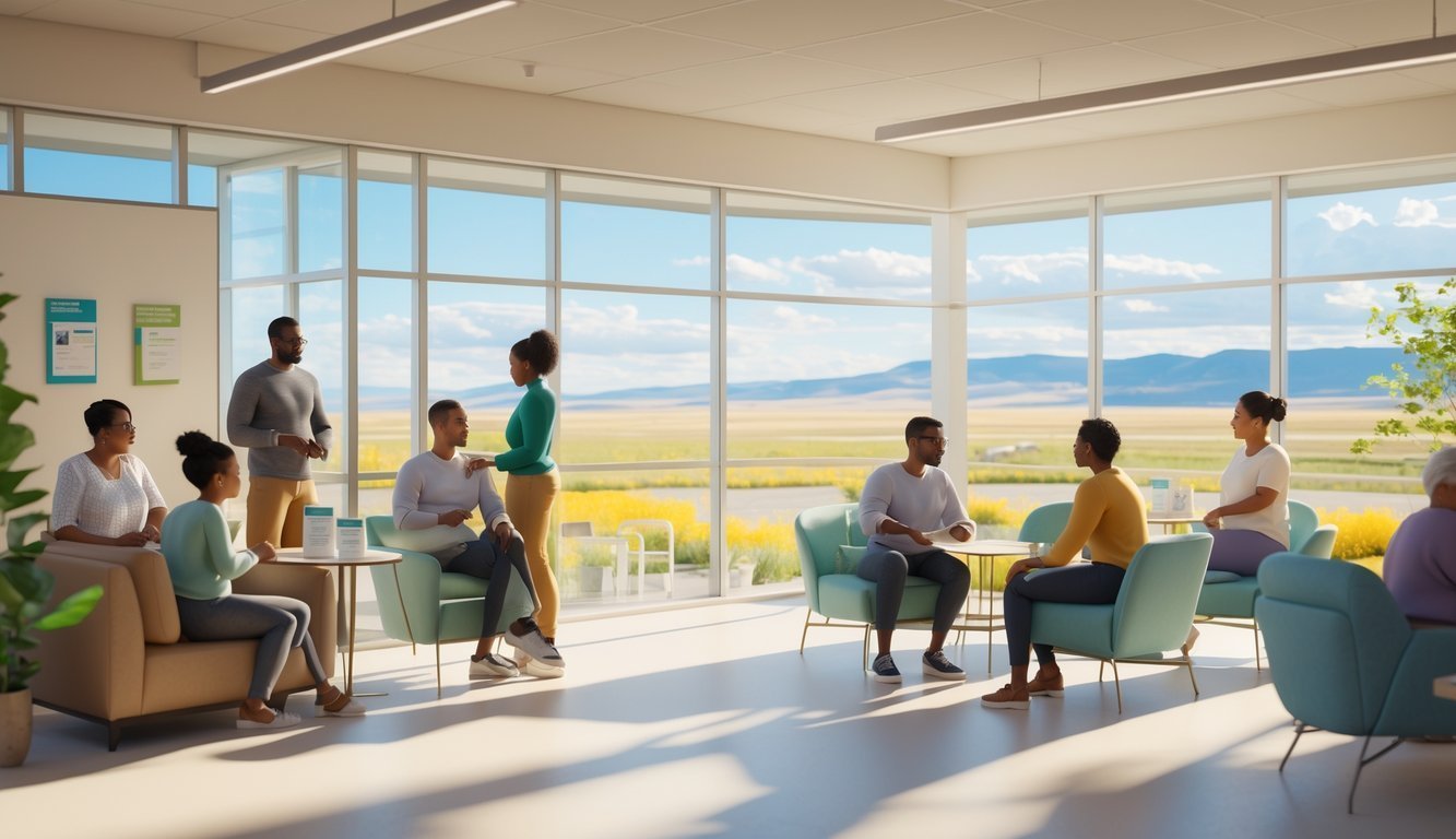 A welcoming community health center with diverse people receiving mental health and substance use support in a bright, comfortable interior overlooking a peaceful landscape.