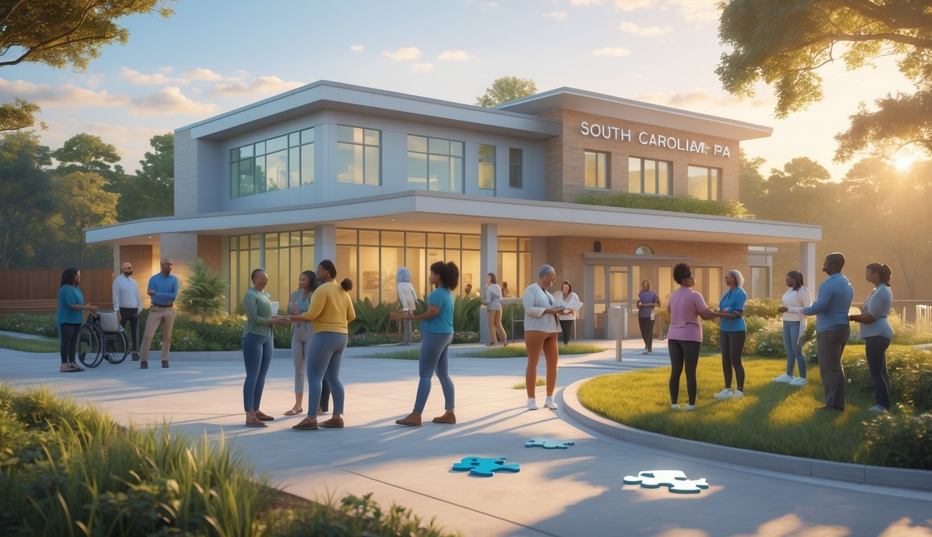 A 3D scene showing a mental health clinic with diverse people participating in supportive activities outdoors, surrounded by greenery and symbols of care.