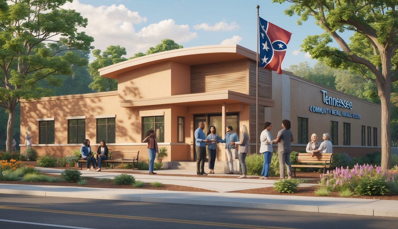 A community mental health center in Tennessee surrounded by trees, with diverse people interacting supportively outside on a sunny day.