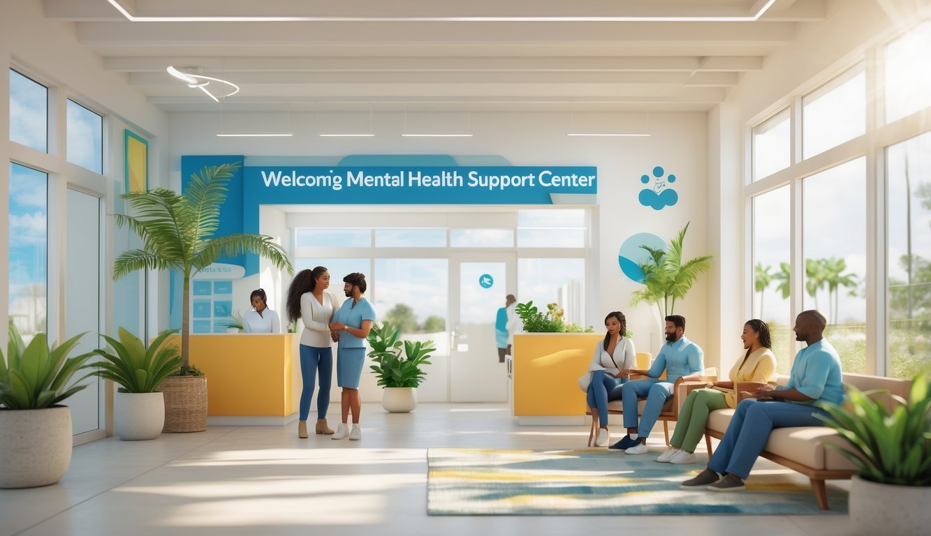 A 3D scene of a bright mental health support center with people interacting in a welcoming and calm environment.