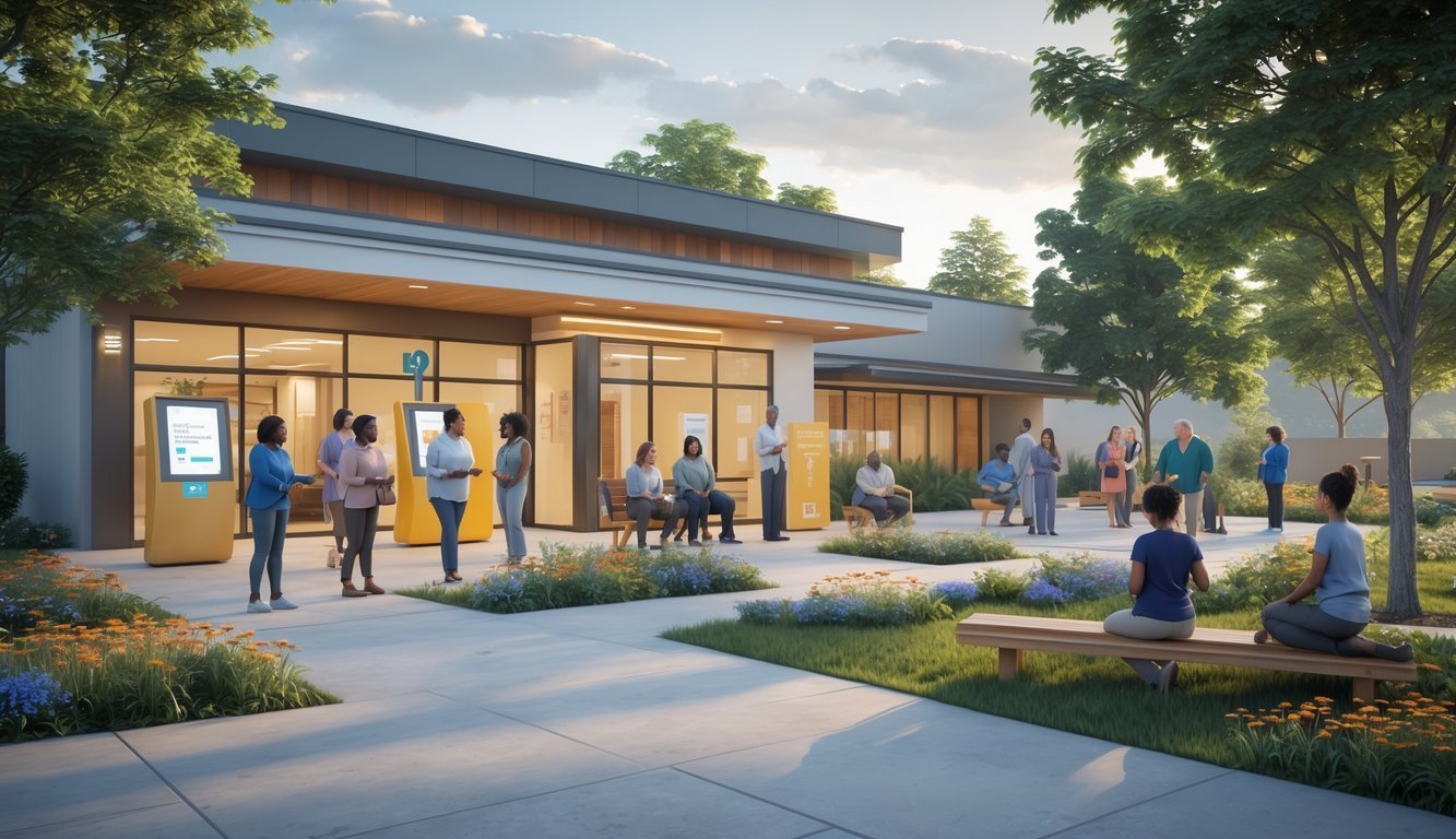 A community mental health center in Tennessee with people engaging in supportive activities outdoors in a peaceful garden setting.
