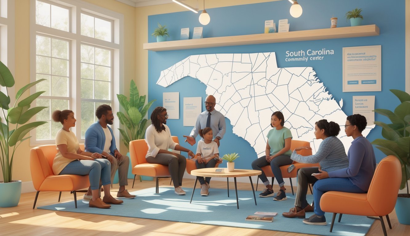 A community center where diverse people receive mental health support through counseling and group activities in a bright, welcoming space.