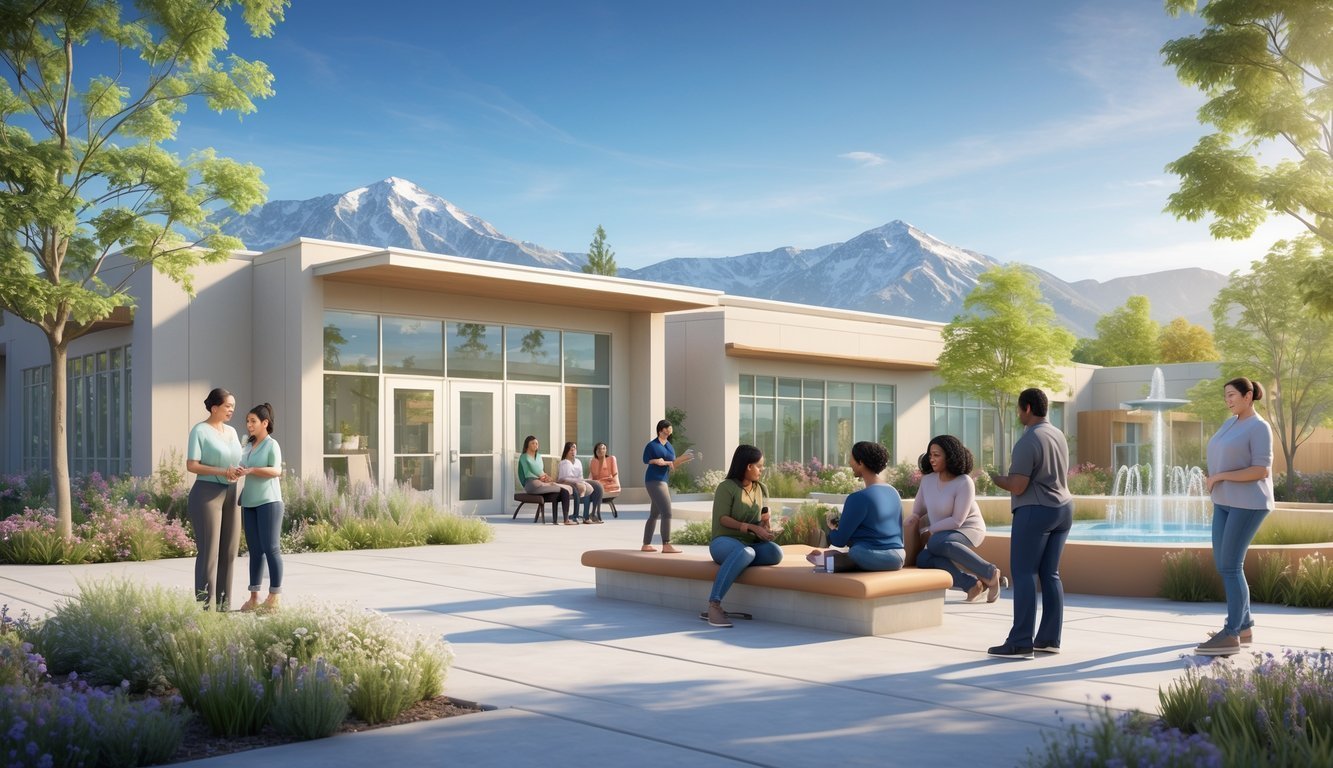 A community mental health center in Utah with people engaging in supportive activities outdoors near mountains and greenery.