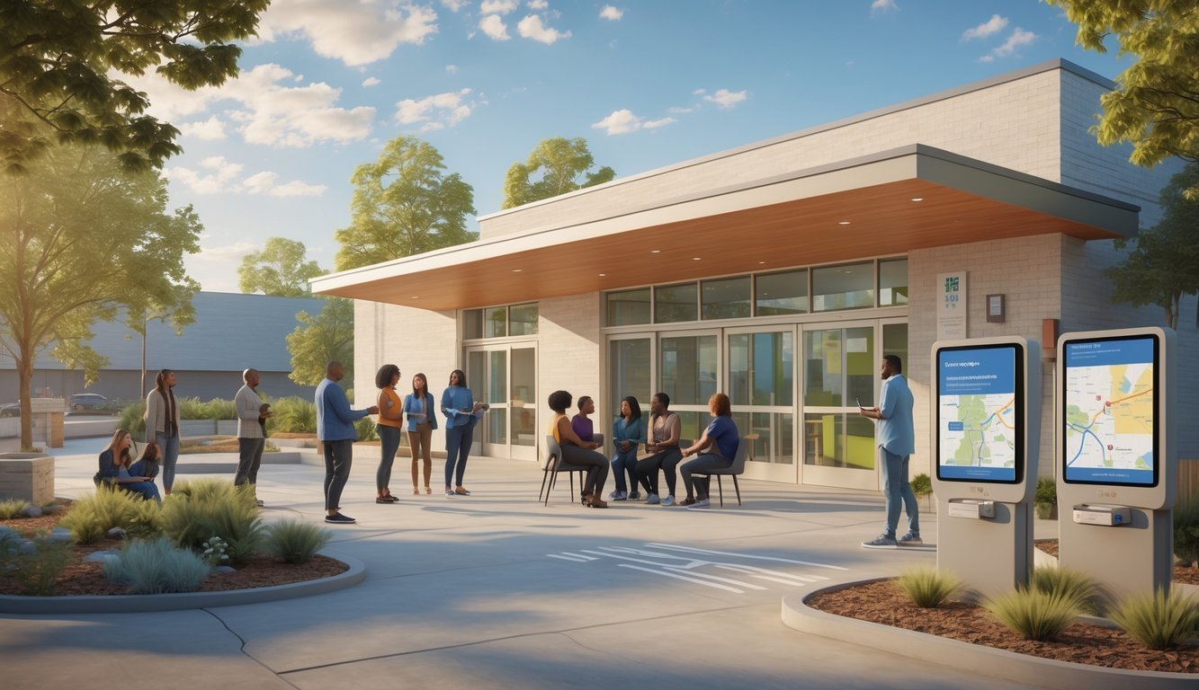 A community center in Tennessee with diverse people engaging in mental health support activities outdoors and indoors, showing a welcoming and accessible environment.