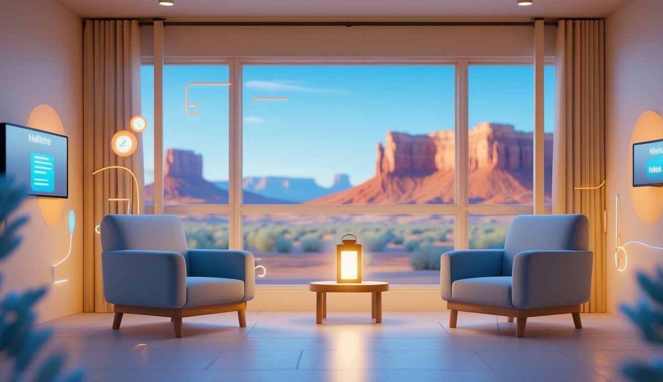 A peaceful room with chairs and a table by a window showing Utah rock formations, symbolizing confidential mental health support and crisis help.