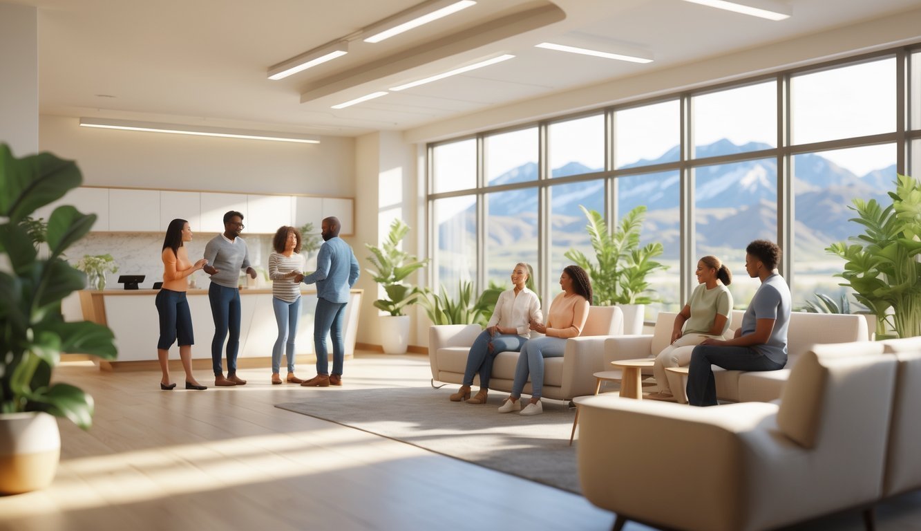 A bright and welcoming mental health support center with people talking and a mountain view through large windows.