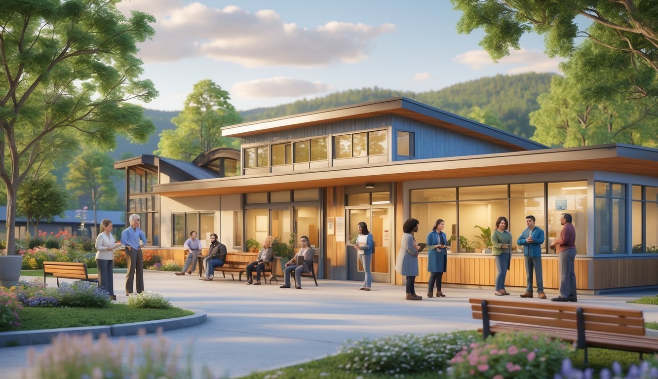 A community mental health center in Vermont with people engaging in supportive activities outdoors surrounded by trees and hills.