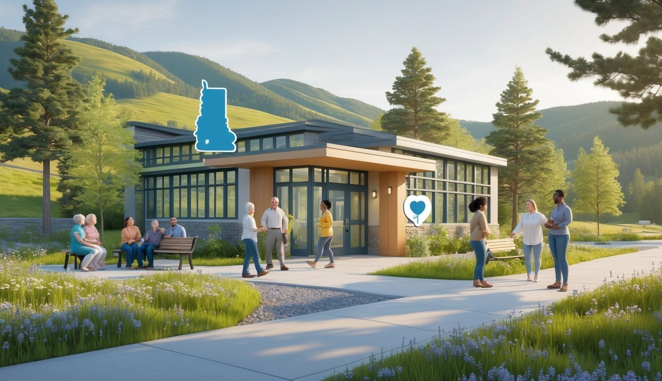 A community mental health center in Vermont surrounded by green hills and trees, with people engaging in supportive conversations and activities outdoors.