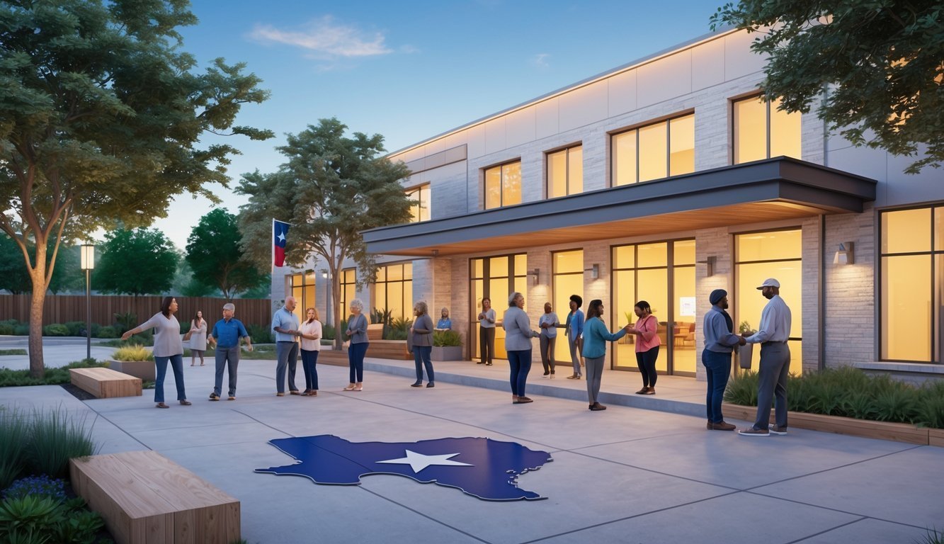 A welcoming mental health center in Texas with diverse people interacting outside in a peaceful community setting.