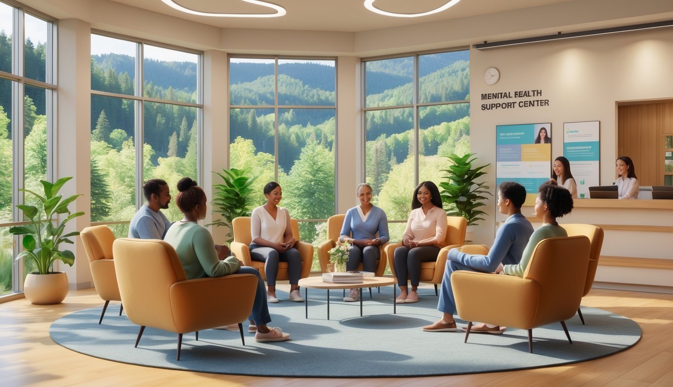 People receiving compassionate mental health support in a bright, welcoming room with large windows showing green trees outside.