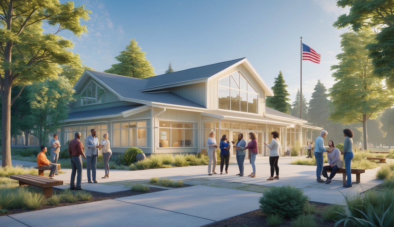A community center in Washington surrounded by trees with diverse people talking and relaxing outside.