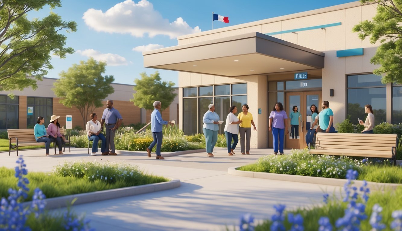 A community mental health center in Texas with diverse people entering and gathering outside in a peaceful garden area.