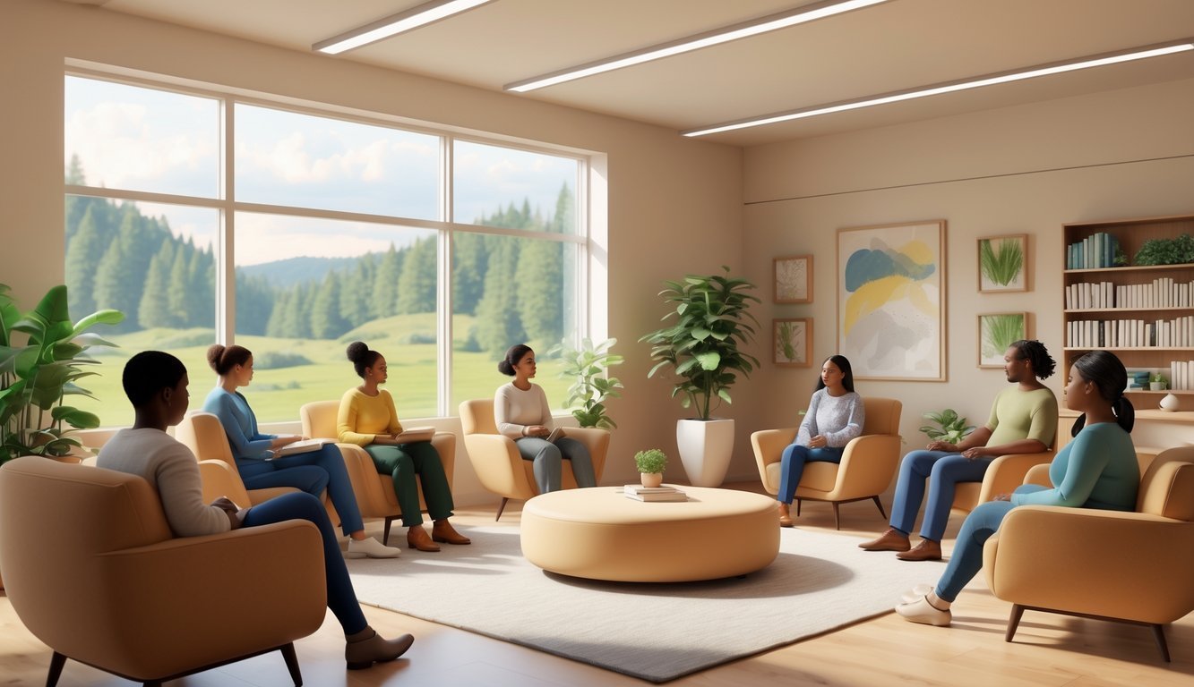 A cozy counseling center with people sitting and talking in small groups, surrounded by plants and books, creating a supportive and peaceful environment.