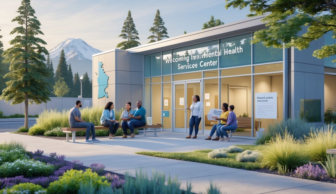 A welcoming mental health services center in Washington with people engaging in supportive conversations and activities outdoors surrounded by greenery and Washington state landmarks.