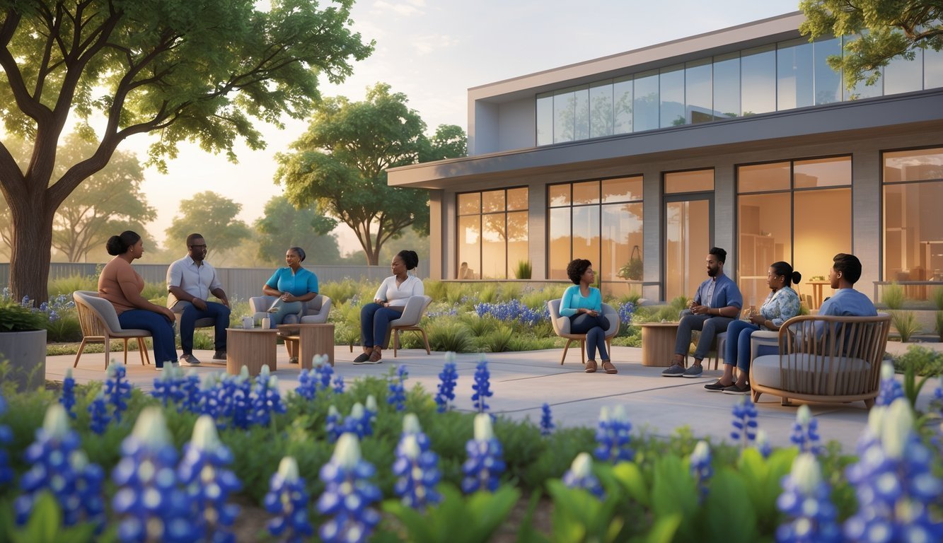 People of different backgrounds having supportive conversations outside a modern mental health center surrounded by greenery and Texas bluebonnets.