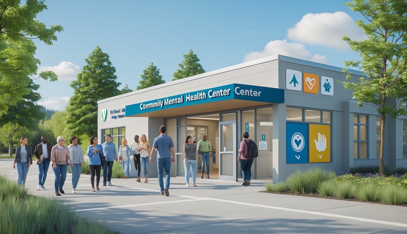 People approaching a community mental health center surrounded by trees, with a mental health professional warmly greeting someone at the entrance.