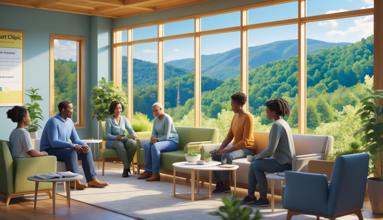 A mental health clinic reception area with people talking and a view of green mountains through large windows.