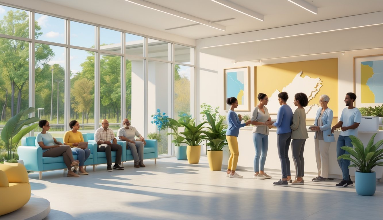 A bright community mental health center with people talking to counselors inside and a peaceful outdoor scene showing trees and a clear sky.