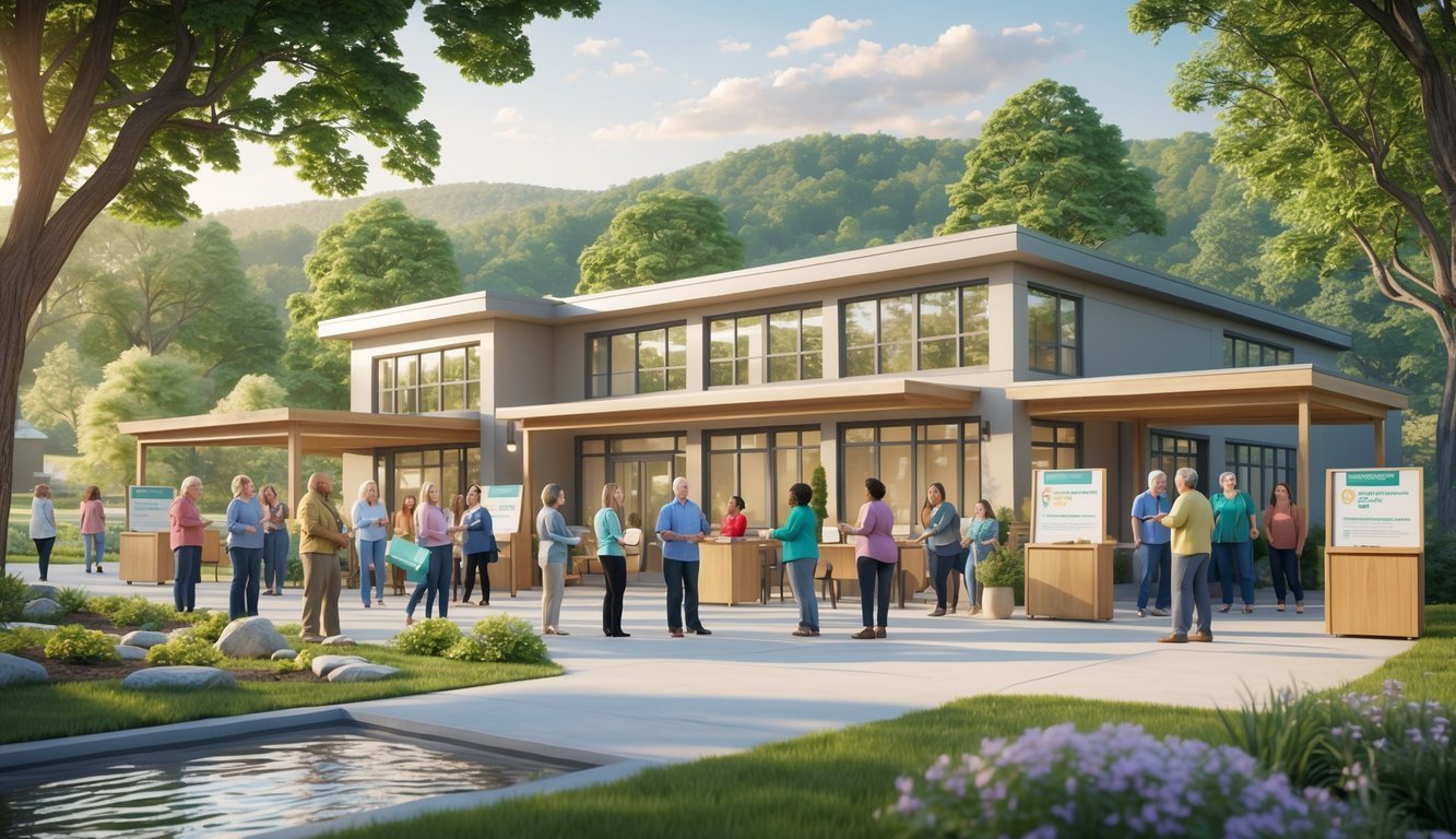 A community center in a small town with people gathered outside, surrounded by trees and hills, representing free mental health support.